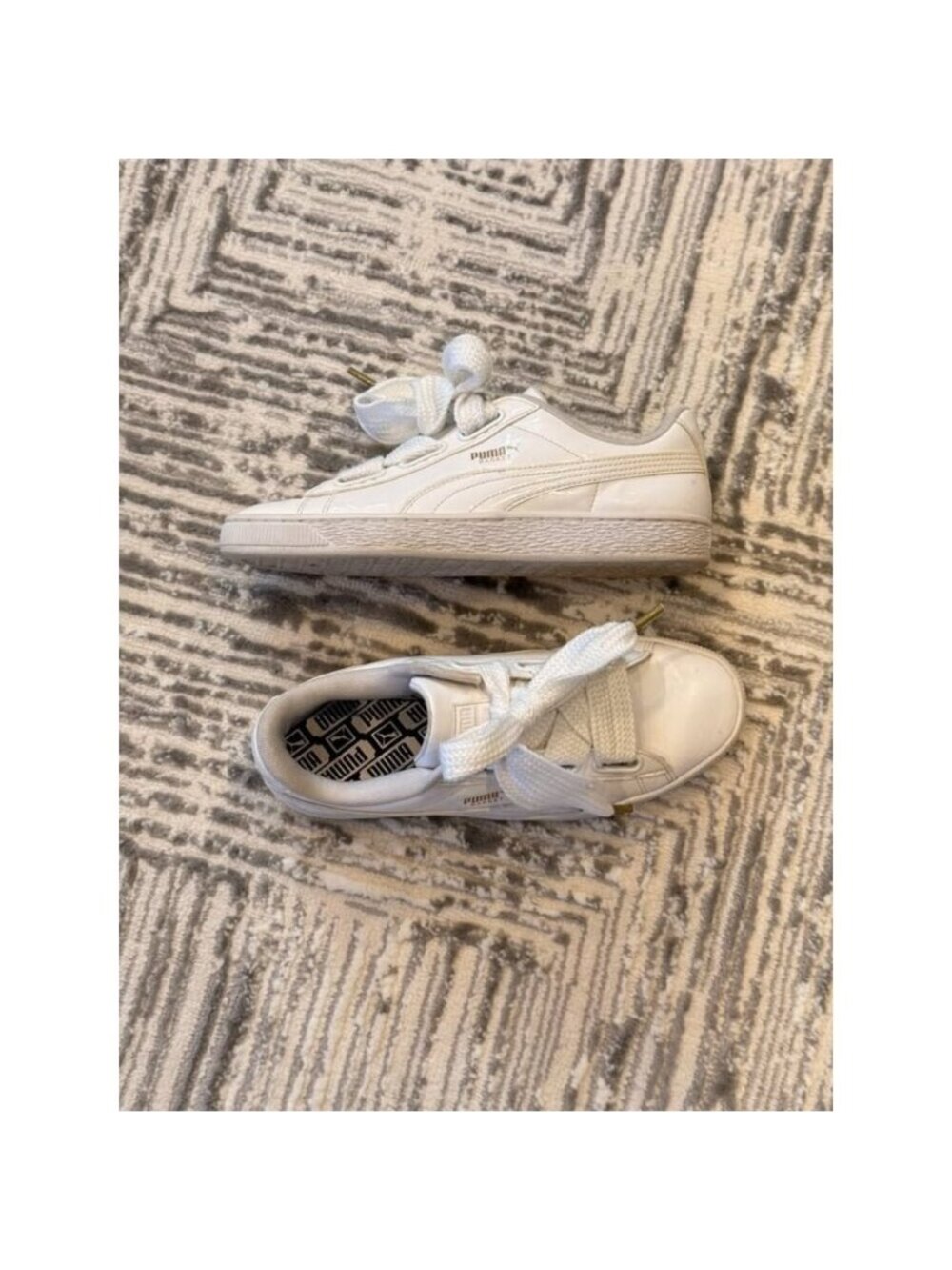 PUMA Basket Heart women's size 9 white patent sneakers oversized laces MSRP $165
